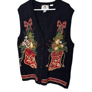 Tiara Christmas Knit Sweater Vest Stockings Black Size 14 16 Holiday Candy Canes